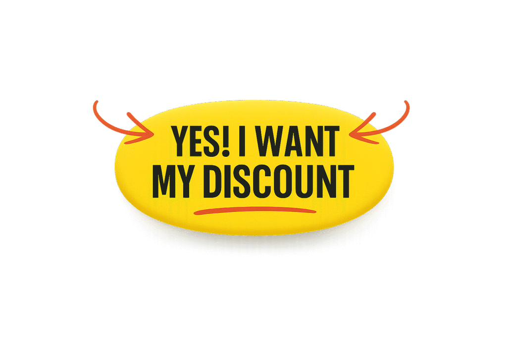 Yellow call-to-action button with the text "YES! I WANT MY DISCOUNT" and red arrows pointing to it.